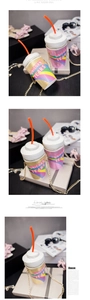 Detailed close-up of rainbow sequin cup bags with unicorn tears slogan and chain straps