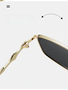 Detailed macro view of durable gold metal hinges on square frame sunglasses