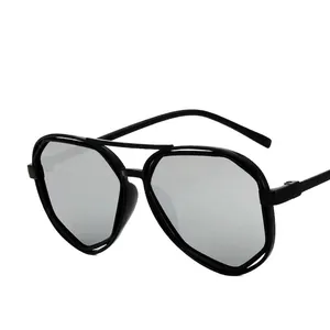 Modern double-bridge polygon sunglasses with matte black frames and silver mirrored lenses