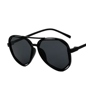 Modern black geometric double-bridge sunglasses with dark grey lenses for daily wear