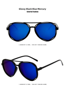 Detail view of hexagonal sunglasses with black frames and blue mirrored lenses