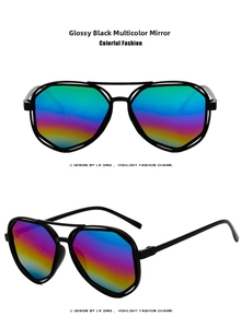 Detail of bright black polygon sunglasses with rainbow mirrored lenses and double bridge