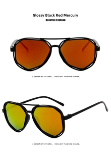 Detail of black hollow frame sunglasses with orange-red reflective mirrored lenses