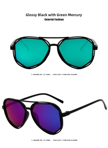 Detail of geometric polygon sunglasses with green and purple gradient reflective lenses