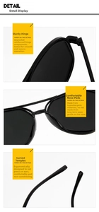 Detail view of durable metal hinges and ergonomic curved temples on black sunglasses