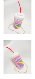 Detailed view of unicorn tears novelty cup bag with pink sequins and gold chain strap