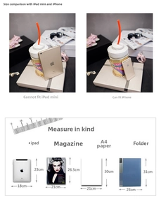 Size comparison of gold sequin unicorn tea bag with phone and various reference items