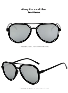 Macro view of geometric polygon sunglasses with shiny black frames and silver mirror lenses