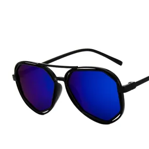Modern polygonal sunglasses with black plastic frames and blue mirrored lenses on white background