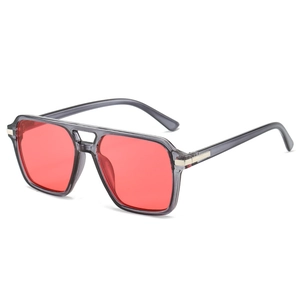 Fashionable square double bridge sunglasses with gray frames and red lenses