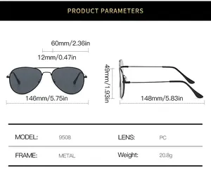 Detailed size chart for retro metal aviator sunglasses with product parameters and dimensions