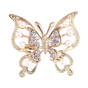 Elegant Hollow Butterfly Brooch Pin Alloy Rhinestone Faux Artificial Pearl Vintage Style Accessory For Women
