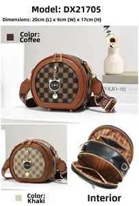 Detail view of round crossbody bag showing checkerboard pattern and dual zip compartments