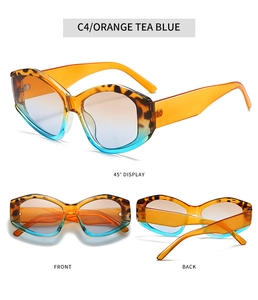 Detail view of orange tea blue gradient sunglasses with stylish leopard print frame