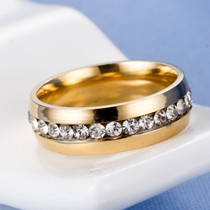 Detail of gold-plated stainless steel ring with full-circle white crystal inlay