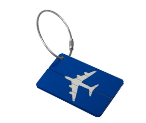 Blue metal airplane luggage tag with steel cable wire and internal contact card