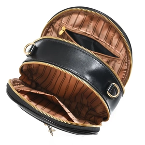 Detailed view of the triple zipper compartments and striped lining in the black shoulder bag