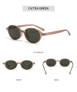 Three-view layout of retro tea green oval sunglasses with dark gray lenses in C4 color