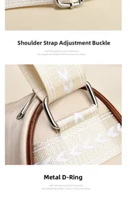 Detail der verstellbaren Silberschnalle und des D-Rings an beiger Tasche mit Gurt