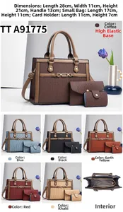Three-piece women's handbag set with specific dimensions for tote, pouch, and card holder