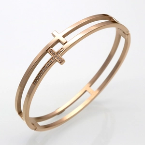 Double Layer Cross Bangle Stainless Steel Rhinestone Hollow Fashion Jewelry For Women