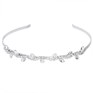 Elegant silver leaf headband with shimmering rhinestones for weddings and parties