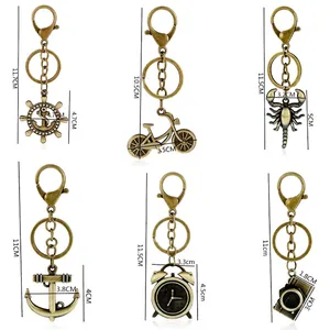 Size chart for vintage bronze keychains including steering wheel and alarm clock shapes