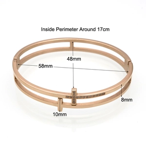 Double-layered rose gold stainless steel hollow bangle with crystal cross accents