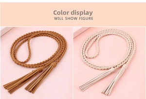 Detail of hand-woven waist ropes in brown and beige with elegant long tassels