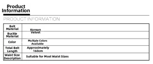 Detailed size and material specification chart for the 160cm velvet woven waist rope