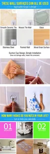 Detail showing adhesive transparent wall hooks usage on tile, glass, and wood surfaces