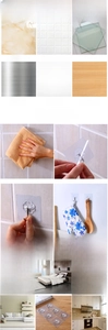 Detail showing adhesive transparent wall hooks usage on tile, glass, and wood surfaces