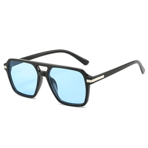 Vintage black square double-bridge sunglasses with stylish light blue tinted lenses
