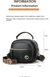 Dimensioni dettagliate della borsa in pelle nera con tracolla floreale e tasche multiple
