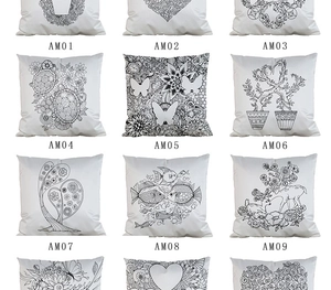 Grid view of DIY coloring cushion covers featuring floral and animal line art patterns