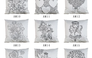 Matrix display of DIY coloring cushion covers featuring various black line art patterns