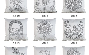 Grid display of white canvas cushion covers with various black and white line art patterns