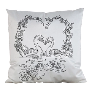 DIY Secret Garden coloring pillowcase with swans and floral pattern on white fabric