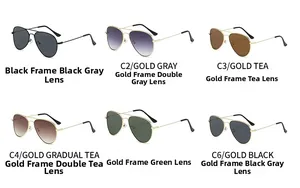 Six pairs of metal aviator sunglasses in various colors with slim frames and sleek lenses