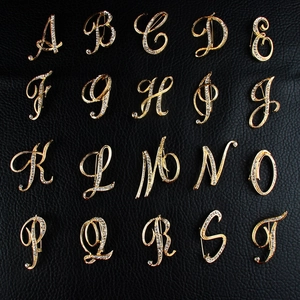 Set of 20 gold cursive letter brooches with sparkling crystal rhinestones for women