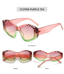 Polygonal cat-eye sunglasses with leopard print, purple-green frame and gradient lenses