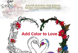 Macro detail of DIY coloring pillowcase featuring a romantic swan heart line art pattern