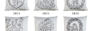 Detailed black and white line art pillow covers with DIY hand-drawn coloring patterns