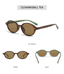 Detailed views of retro oval tortoiseshell sunglasses showing front, back, and 45-degree angles