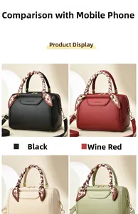 Detailed close-up of Boston style handbags in four colors with houndstooth silk scarf handle