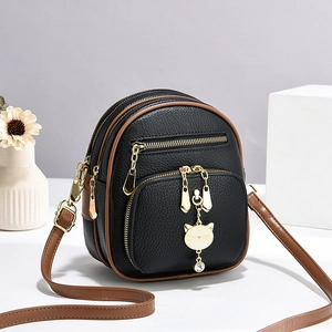 Dames Mini Schoudertas Crossbody Lychee Patroon PU Leer Meerlaagse Ritsvakken Gouden Kat Hanger Strass Decoratie Kleine Vierkante Tas Mode Casual Handtas