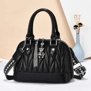 Women Quilted PU Leather Shoulder Bag Shell Shape Handbag With Metal Tassel And Bear Charm Fashion Wide Strap Crossbody Bag