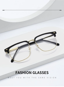 Detail of classic clubmaster blue light glasses with gold metal trim and black frame