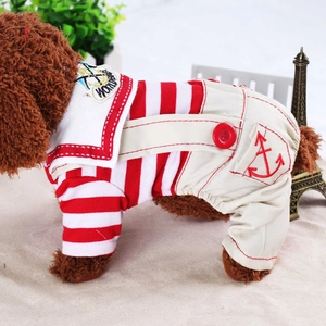 Detail of nautical puppy outfit with red striped shirt and anchor embroidery