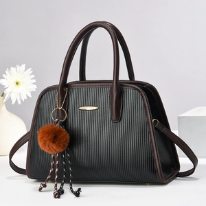 Women Handbag PU Leather Vertical Stripe Shoulder Crossbody Bag Large Capacity Tote With Pom-Pom Charm Luxury Fashion